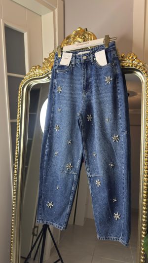 Tasarım Taş Detay Balon Denim Pantolon